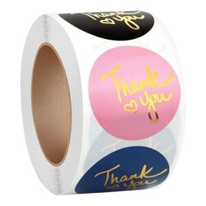 500 Thank You Sticker Roll - Pink, Black, Blue, White